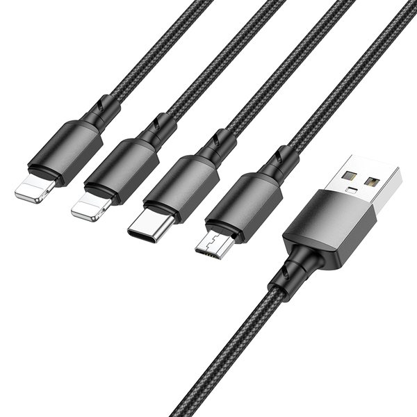 USB кабель 4 в 1 Borofone BX72, USB - Lightning х 2, micro USB, Type-C, черный оптом