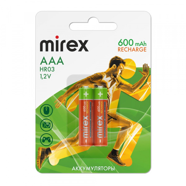 Аккумуляторные батарейки ААА / HR03, Ni-MH, Mirex, 600 mAh, 1,2 В, 2 шт