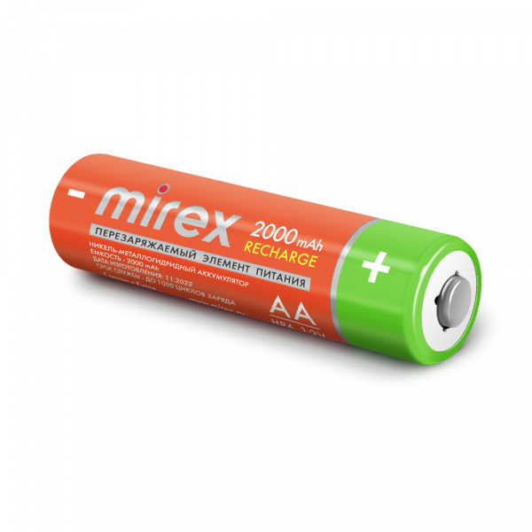 Аккумуляторные батарейки АА / HR6, Ni-MH, Mirex, 2000 mAh, 1,2 В, 2 шт оптом