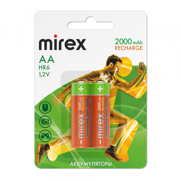 Аккумуляторные батарейки АА / HR6, Ni-MH, Mirex, 2000 mAh, 1,2 В, 2 шт