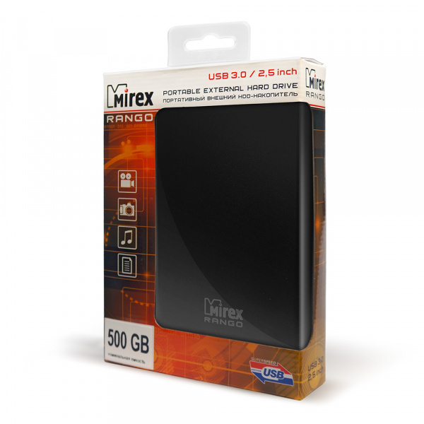 Внешний жесткий диск HDD USB 3.0, 500 ГБ, Mirex Rango Dark