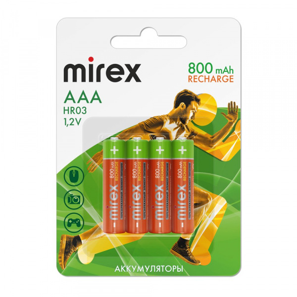 Аккумуляторные батарейки ААА / HR03, Ni-MH, Mirex, 800 mAh, 1,2 В, 4 шт