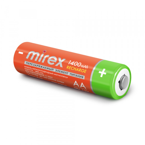 Аккумуляторные батарейки АА / HR6, Ni-MH, Mirex, 1400 mAh, 1,2 В, 2 шт оптом