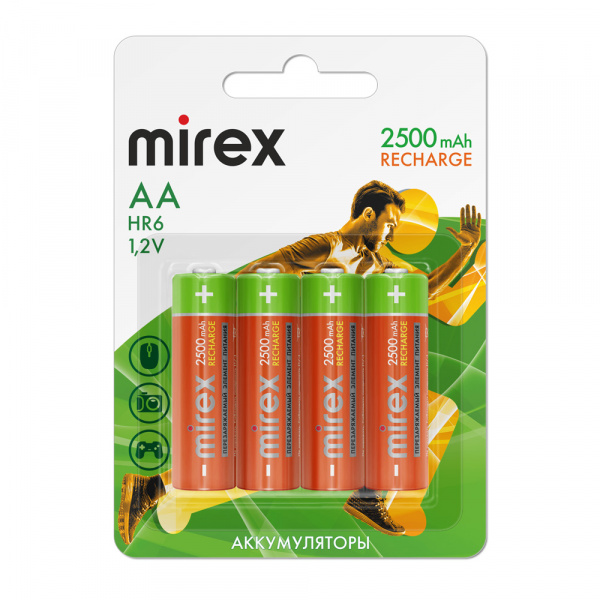 Аккумуляторные батарейки АА / HR6, Ni-MH, Mirex, 2500 mAh, 1,2 В, 4 шт