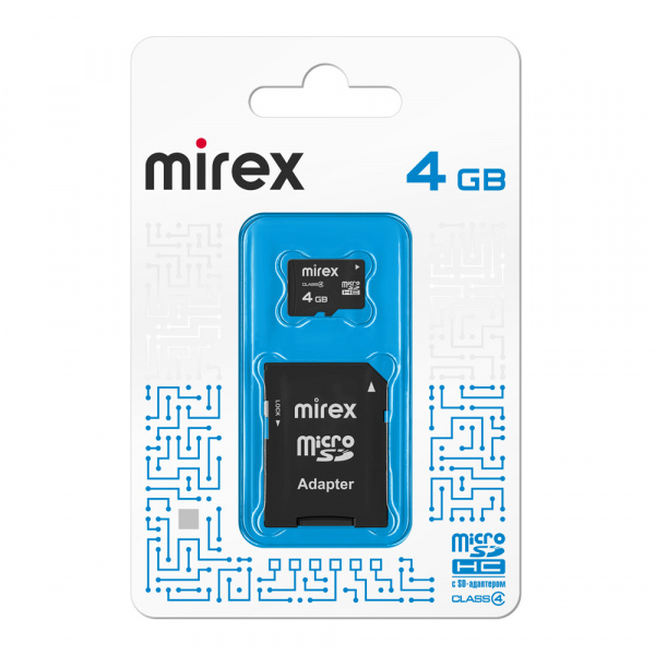 Карта памяти micro SDHC с адаптером Mirex, 4 ГБ, Class 4