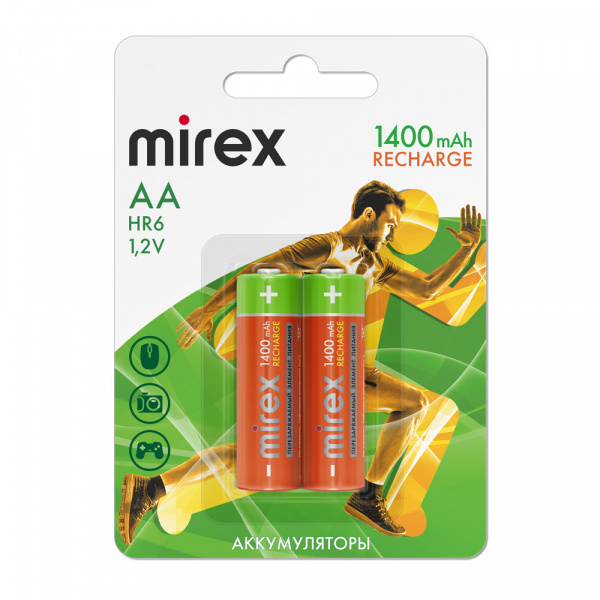 Аккумуляторные батарейки АА / HR6, Ni-MH, Mirex, 1400 mAh, 1,2 В, 2 шт