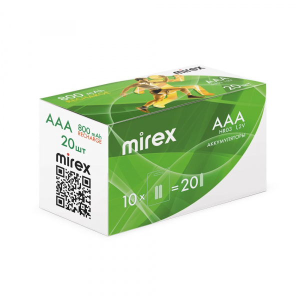 Аккумуляторные батарейки ААА / HR03, Ni-MH, Mirex, 800 mAh, 1,2 В, 2 шт оптом