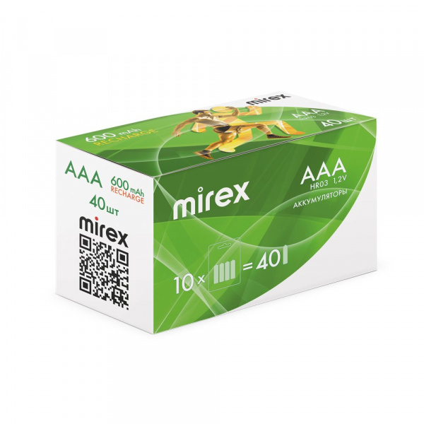 Аккумуляторные батарейки ААА / HR03, Ni-MH, Mirex, 600 mAh, 1,2 В, 4 шт оптом