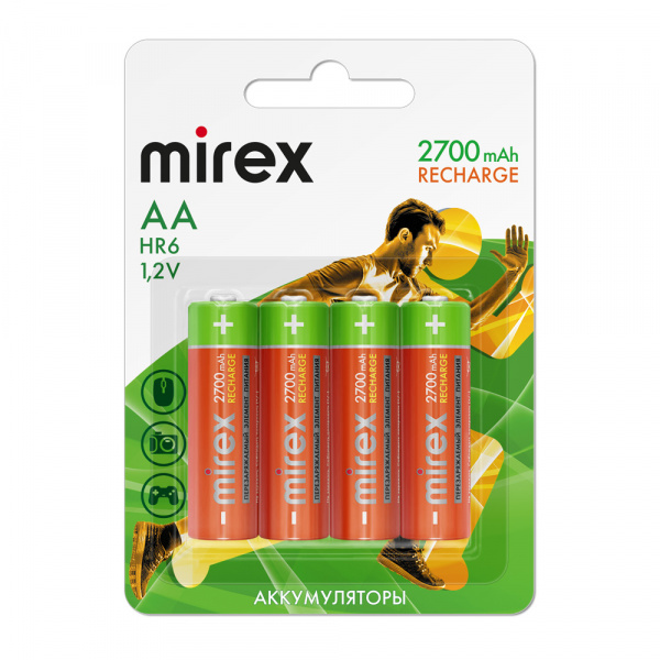 Аккумуляторные батарейки АА / HR6, Ni-MH, Mirex, 2700 mAh, 1,2 В, 4 шт