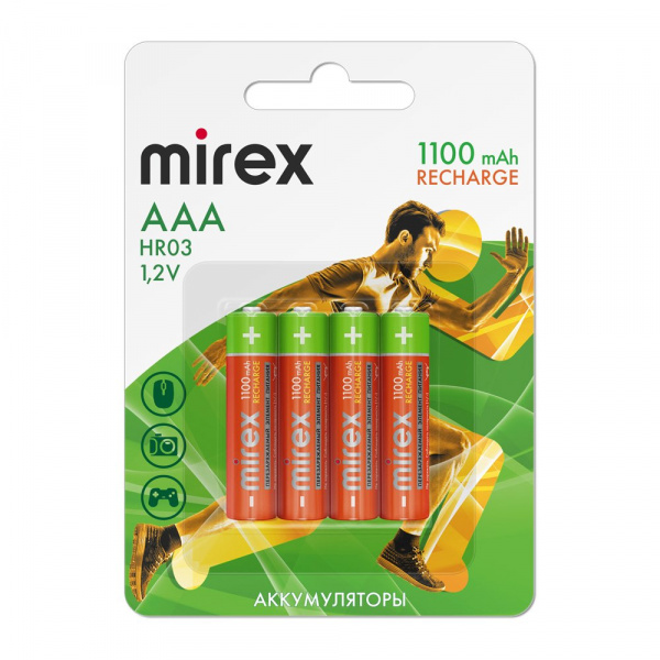 Аккумуляторные батарейки ААА / HR03, Ni-MH, Mirex, 1100 mAh, 1,2 В, 4 шт