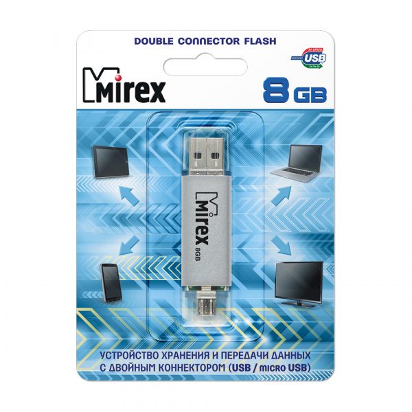 USB - Micro USB флеш накопитель Mirex Smart Silver С Двойным Разъемом 8 ГБ оптом