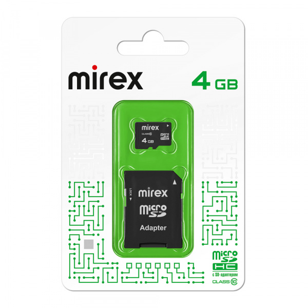 Карта памяти micro SDHC с адаптером Mirex, 4 ГБ, Class 10