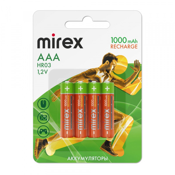 Аккумуляторные батарейки ААА / HR03, Ni-MH, Mirex, 1000 mAh, 1,2 В, 4 шт